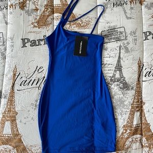 Blue Asymmetric Strap Cross Back Slinky Bodycon Dress